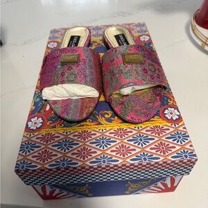 Dolce & Gabbana Pink and Green Patterned Sandals